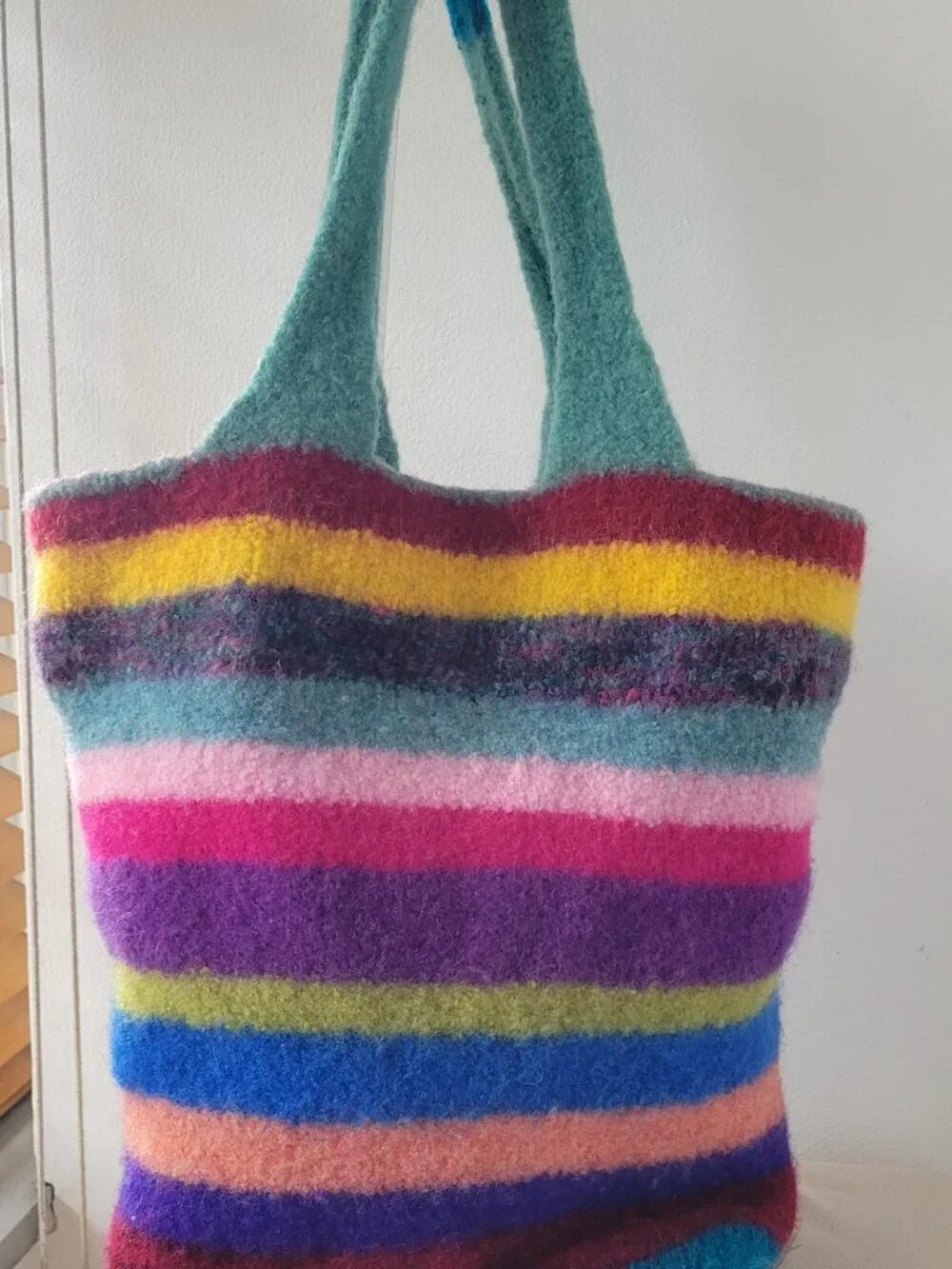 Colorful Felted Wool Tote Bag Rainbow Stripe Shoulder Bag Boho Artisan NWOT